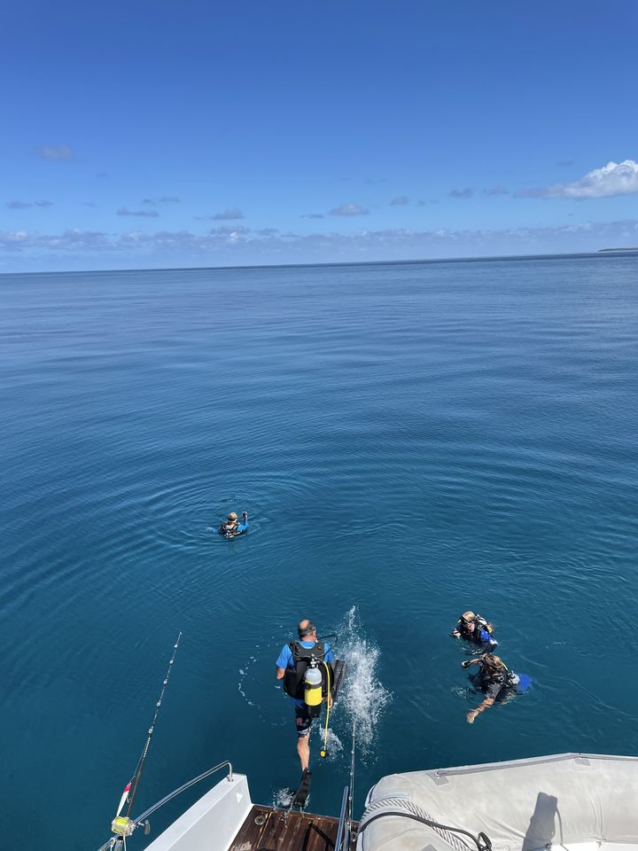 Divers entering the water from the stern