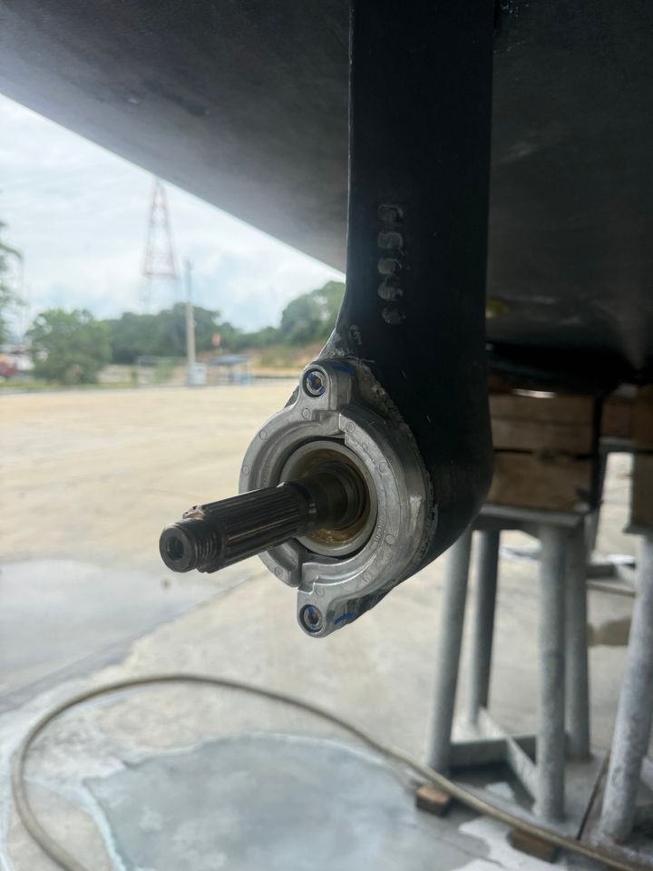 A saildrive leg with its propeller shaft exposed