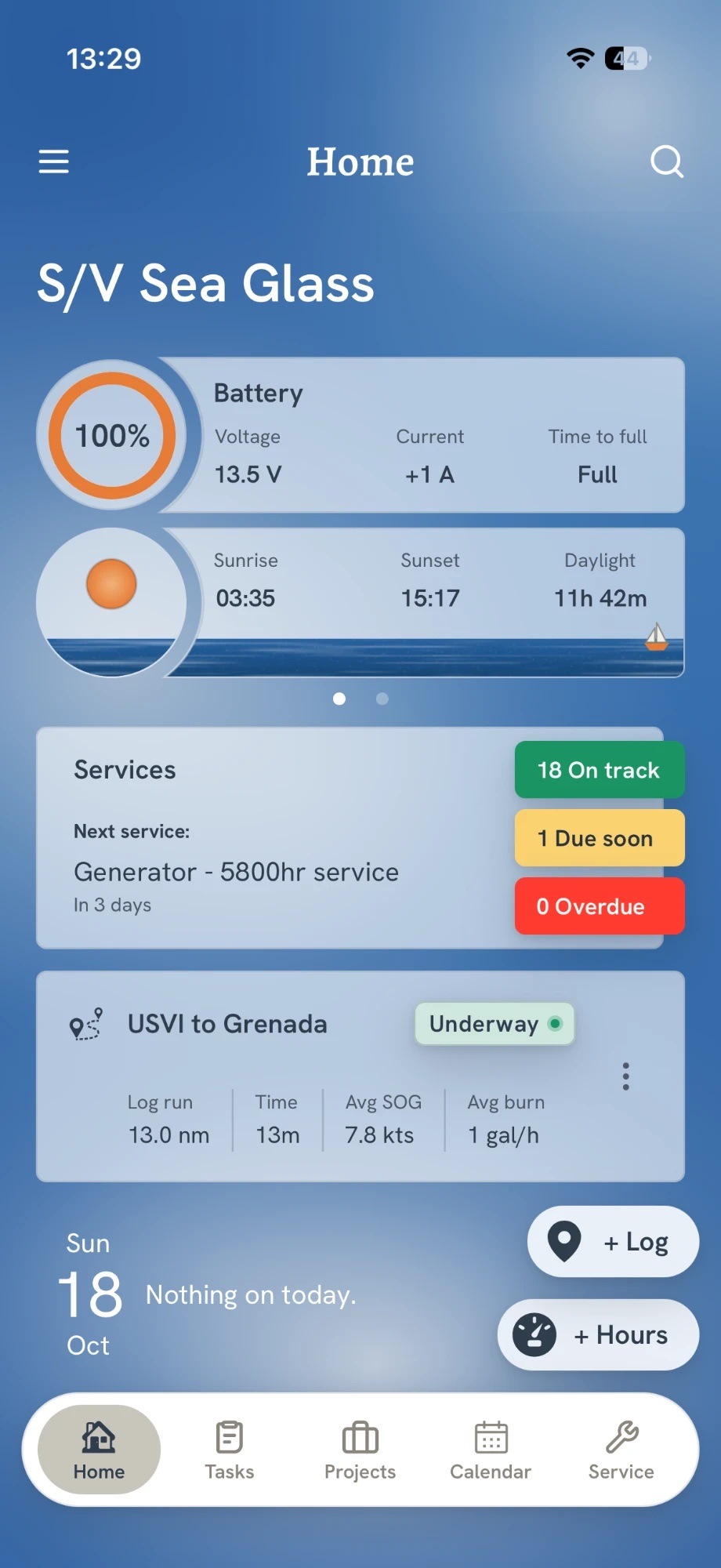 The Home screen in the app: battery, sunrise and sunset, the next service, a trip underway, today's calendar and shortcuts to add a log or hours