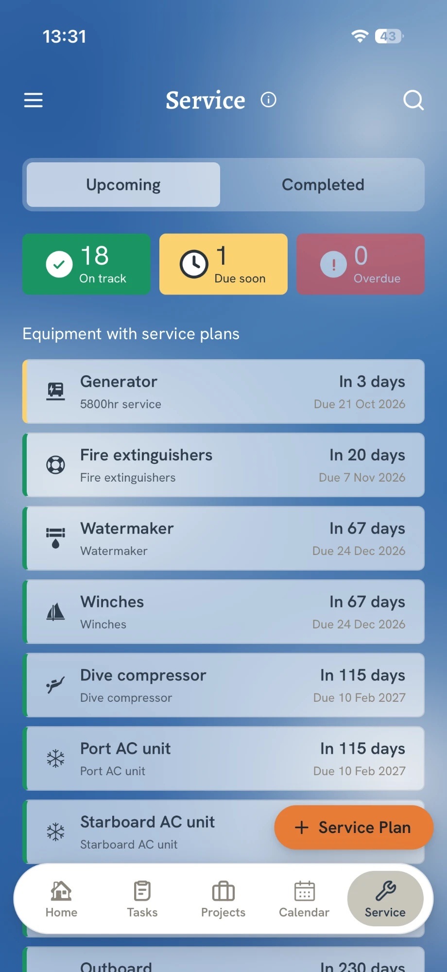 The Service screen in the app: upcoming and completed services, counts of those on track, due soon and overdue, and the equipment with service plans listed by due date